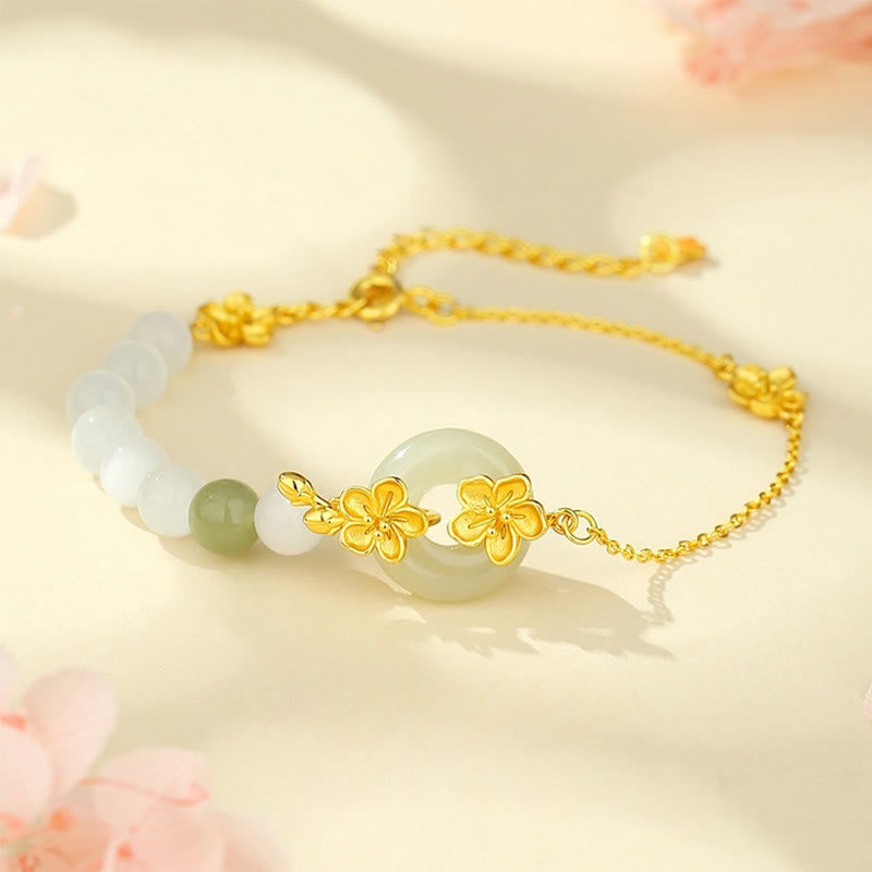 EverestArtstudios 999 Sterling Silver Natural Hetian Jade Peace Buckle Peach Blossom Luck Bracelet