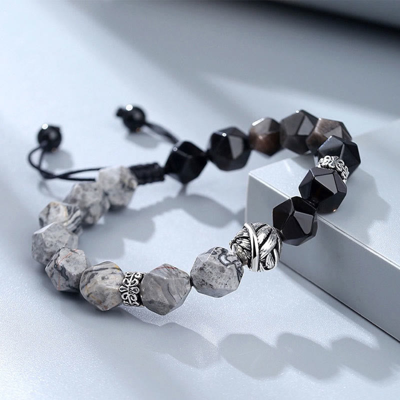 EverestArtstudios Natural Irregular Cut Obsidian Grey Jasper 925 Sterling Silver Rolled Leaf Bead Protection Bracelet