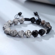 EverestArtstudios Natural Irregular Cut Obsidian Grey Jasper 925 Sterling Silver Rolled Leaf Bead Protection Bracelet