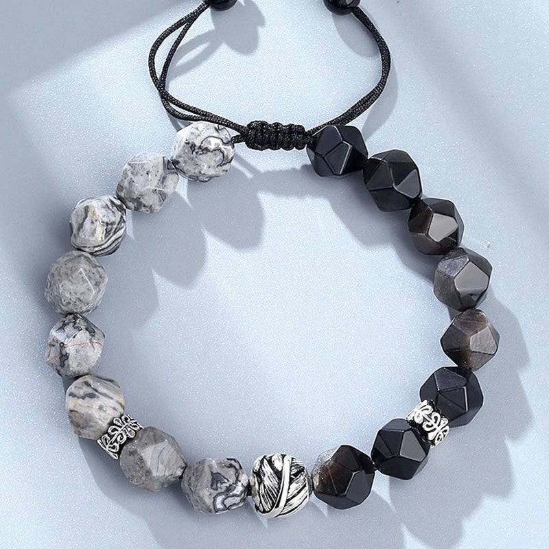 EverestArtstudios Natural Irregular Cut Obsidian Grey Jasper 925 Sterling Silver Rolled Leaf Bead Protection Bracelet