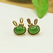 EverestArtstudios 925 Sterling Silver Hetian Cyan Jade Cute Rabbit Luck Stud Earrings