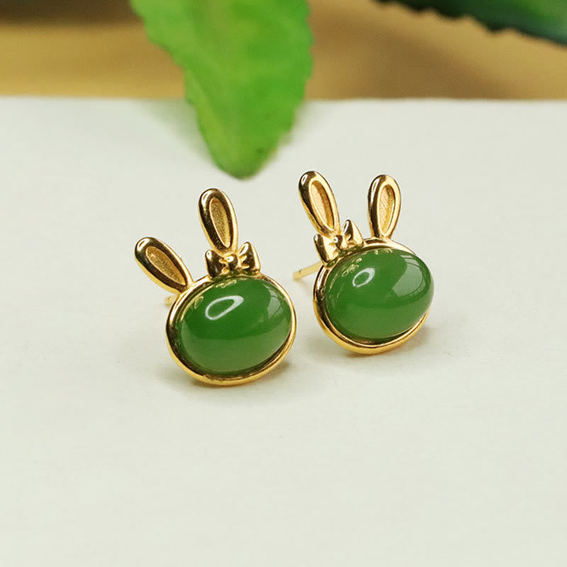 EverestArtstudios 925 Sterling Silver Hetian Cyan Jade Cute Rabbit Luck Stud Earrings
