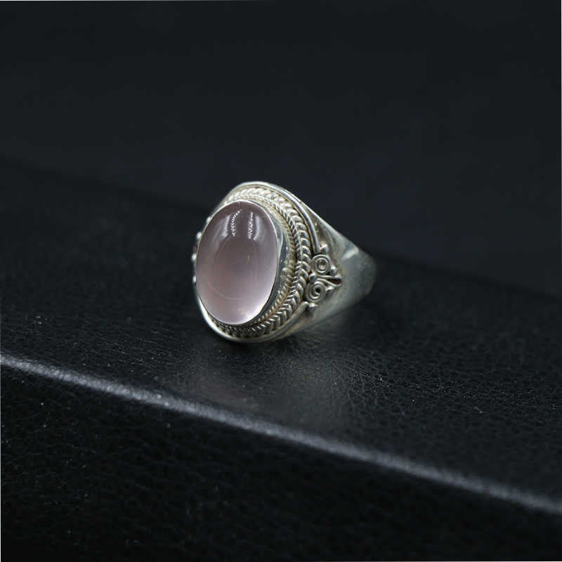 EverestArtstudios 925 Sterling Silver Handmade Natural Rose Quartz Loving Energy Adjustable Ring