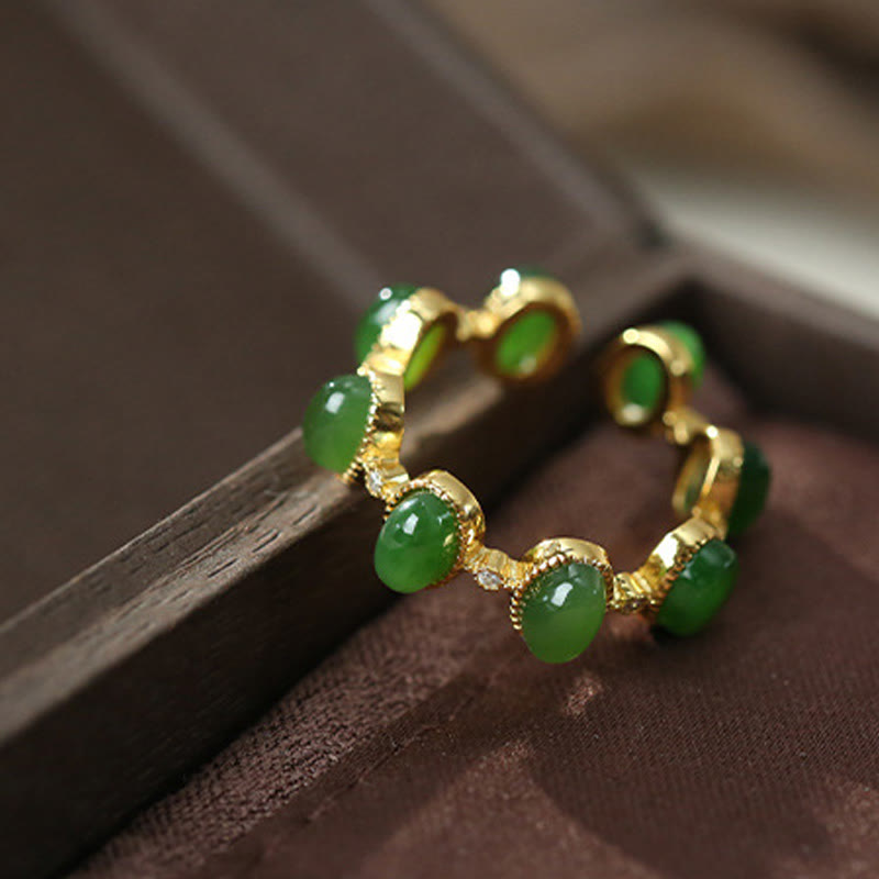 EverestArtstudios 925 Sterling Silver Hetian Cyan Jade Beads Healing Adjustable Ring
