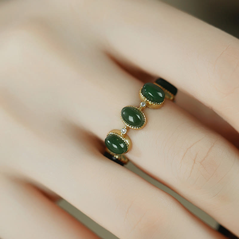 EverestArtstudios 925 Sterling Silver Hetian Cyan Jade Beads Healing Adjustable Ring