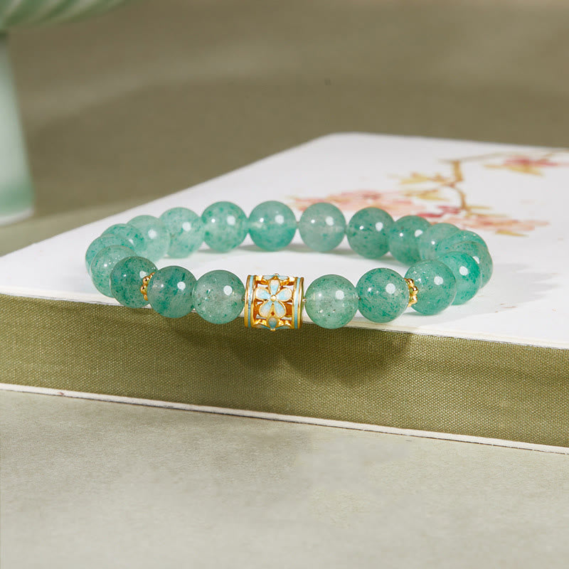 EverestArtstudios 925 Sterling Silver Green Strawberry Quartz Flower Calm Bracelet