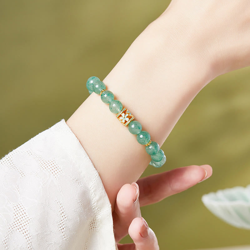 EverestArtstudios 925 Sterling Silver Green Strawberry Quartz Flower Calm Bracelet
