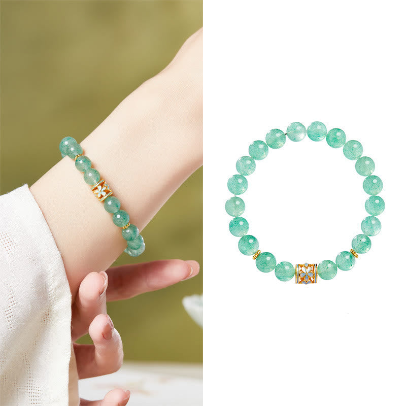 EverestArtstudios 925 Sterling Silver Green Strawberry Quartz Flower Calm Bracelet