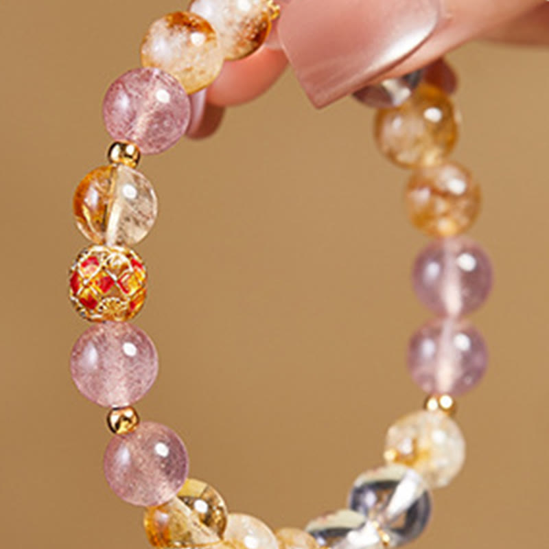 EverestArtstudios 999 Sterling Silver Citrine Strawberry Quartz White Crystal Protection Bracelet