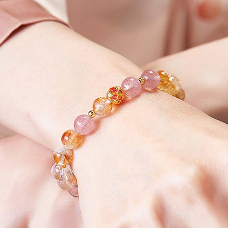 EverestArtstudios 999 Sterling Silver Citrine Strawberry Quartz White Crystal Protection Bracelet