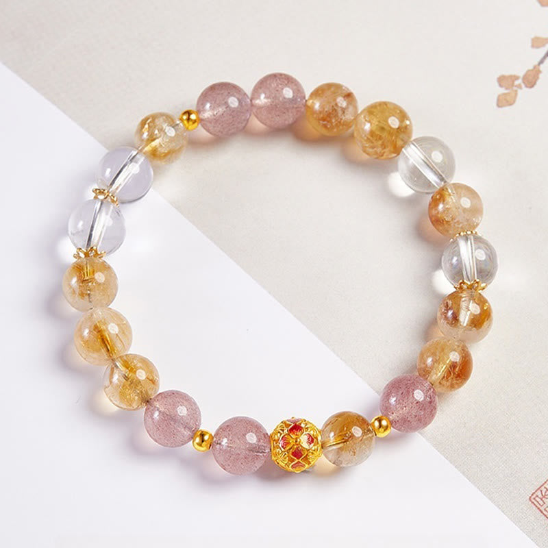 EverestArtstudios 999 Sterling Silver Citrine Strawberry Quartz White Crystal Protection Bracelet