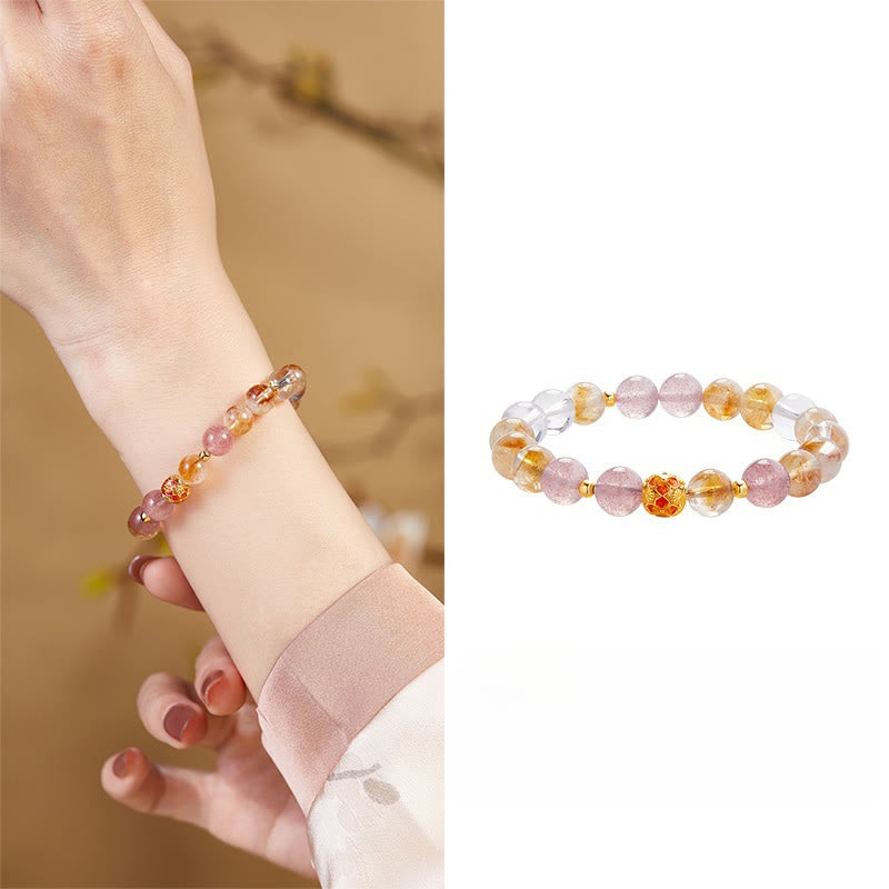 EverestArtstudios 999 Sterling Silver Citrine Strawberry Quartz White Crystal Protection Bracelet