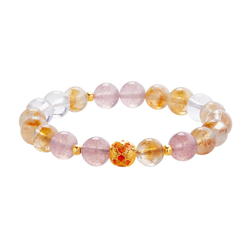 EverestArtstudios 999 Sterling Silver Citrine Strawberry Quartz White Crystal Protection Bracelet