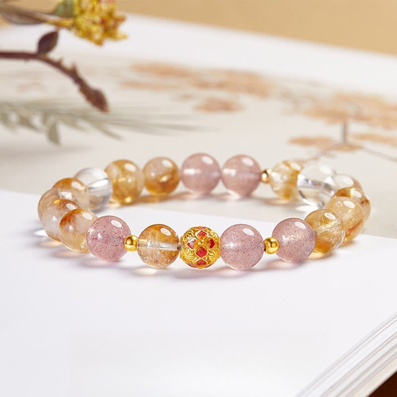 EverestArtstudios 999 Sterling Silver Citrine Strawberry Quartz White Crystal Protection Bracelet