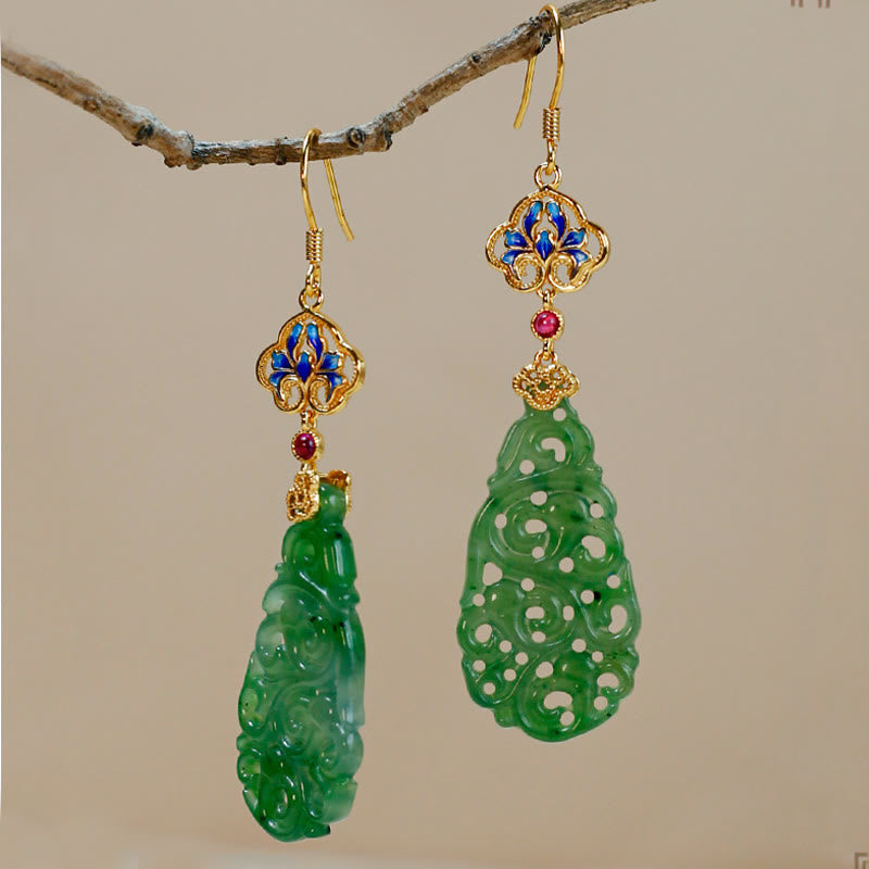 EverestArtstudios Hollow Hetian Jade Enamel 925 Sterling Silver Prosperity Earrings