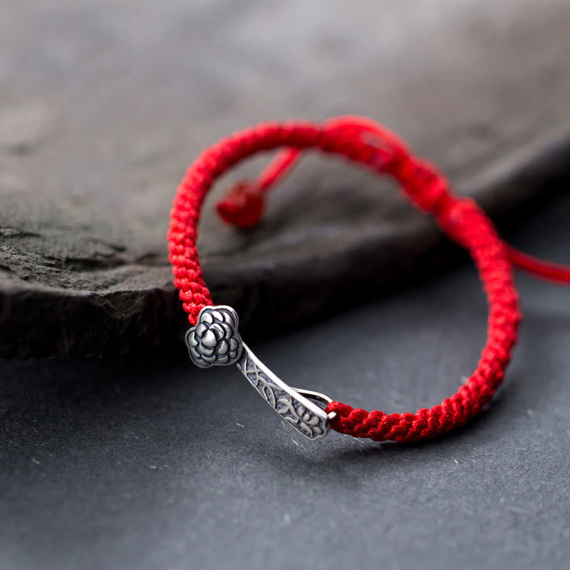 EverestArtStudios Vintage 925 Sterling Silver Ruyi As One Wishes Red Cord Woven Fortune Bracelet