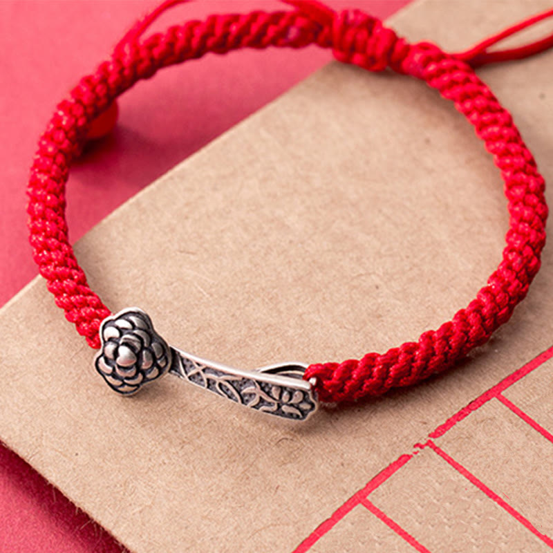 EverestArtStudios Vintage 925 Sterling Silver Ruyi As One Wishes Red Cord Woven Fortune Bracelet