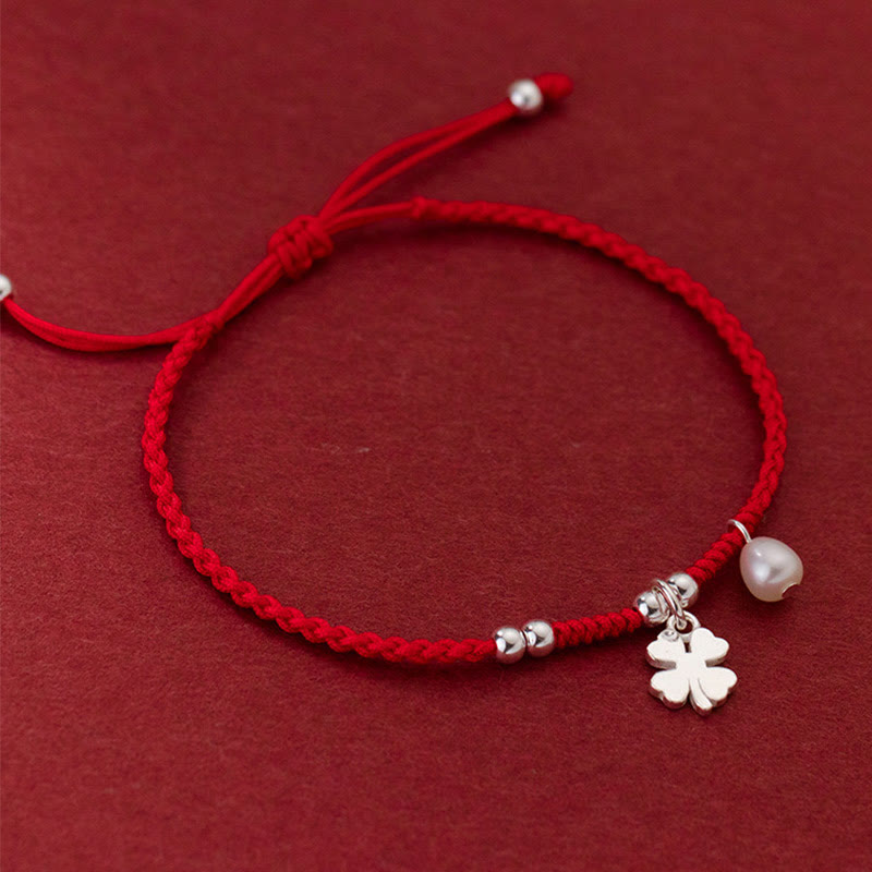 EverestArtStudios Vintage 925 Sterling Silver Four Leaf Clover Pearl Fortune Red Cord Bracelet