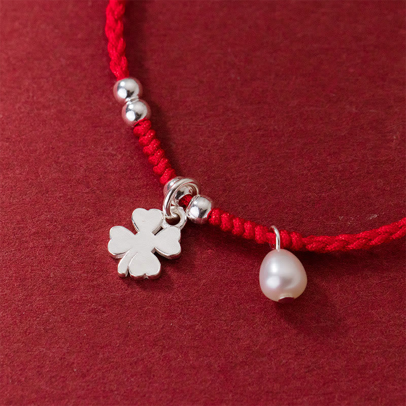EverestArtStudios Vintage 925 Sterling Silver Four Leaf Clover Pearl Fortune Red Cord Bracelet