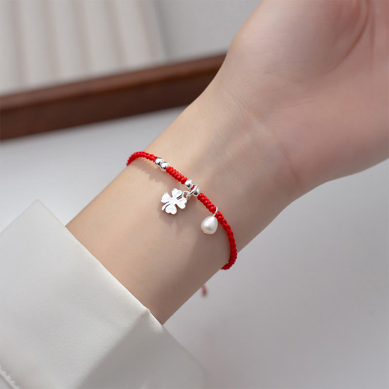EverestArtStudios Vintage 925 Sterling Silver Four Leaf Clover Pearl Fortune Red Cord Bracelet