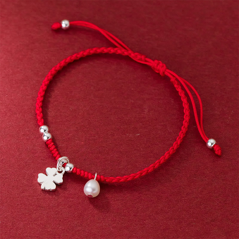 EverestArtStudios Vintage 925 Sterling Silver Four Leaf Clover Pearl Fortune Red Cord Bracelet