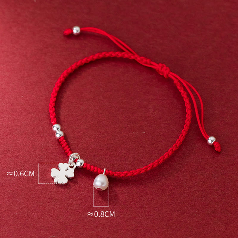EverestArtStudios Vintage 925 Sterling Silver Four Leaf Clover Pearl Fortune Red Cord Bracelet