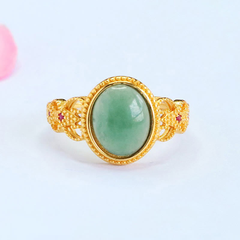EverestArtstudios Natural 925 Sterling Silver Plated Gold Hollow Design Jade Luck Ring