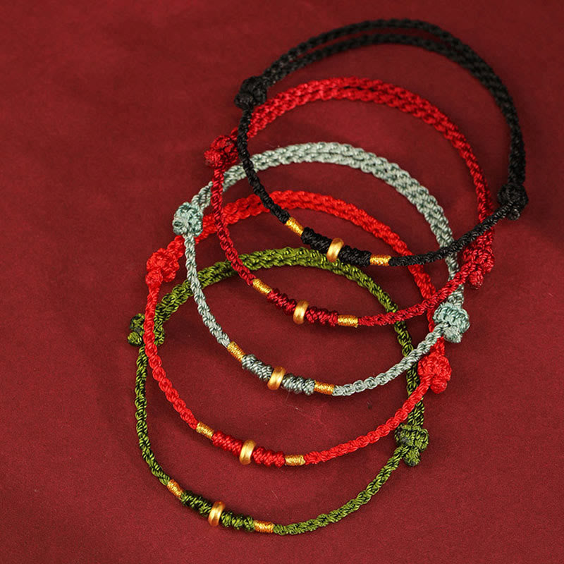 EverestArtStudios 999 Gold Tiny Fortune Beads Cord Protection Good Luck Woven Bracelet Anklet