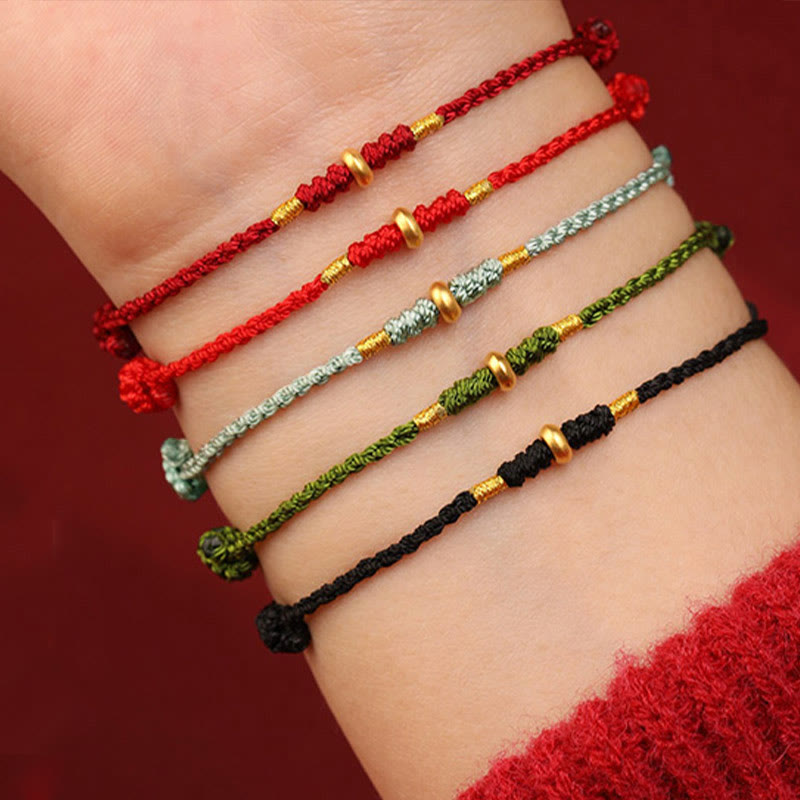 EverestArtStudios 999 Gold Tiny Fortune Beads Cord Protection Good Luck Woven Bracelet Anklet