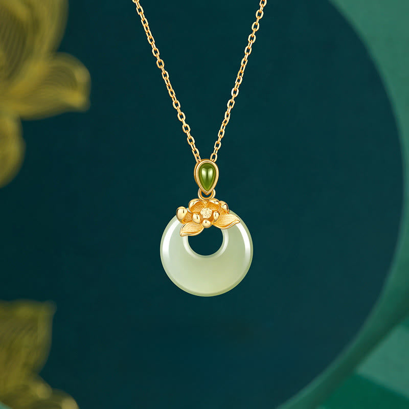 EverestArtstudios 925 Sterling Silver Plated Gold Hetian Jade Lotus Luck Necklace Pendant