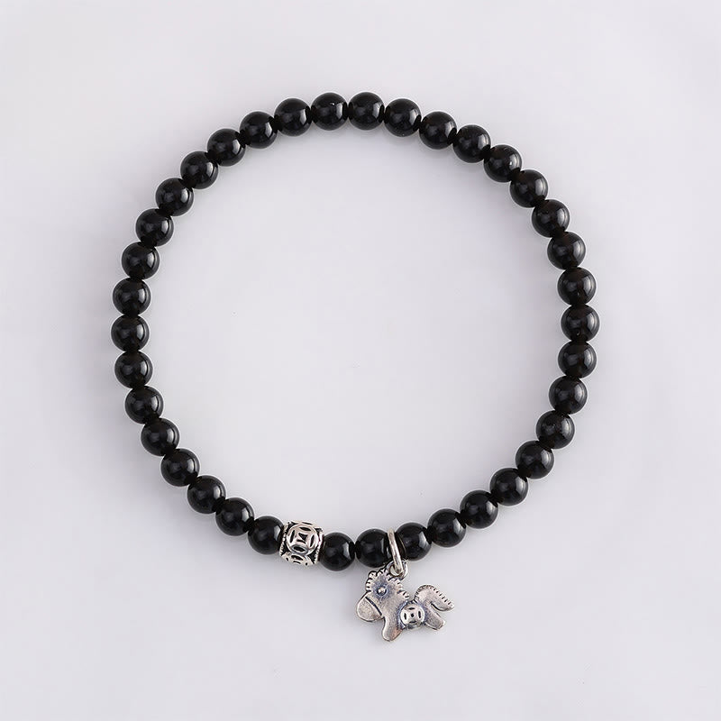 EverestArtstudios Year Of The Horse 925 Sterling Silver Natural Black Obsidian Strength Bracelet