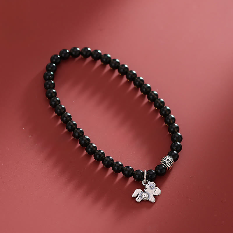 EverestArtstudios Year Of The Horse 925 Sterling Silver Natural Black Obsidian Strength Bracelet