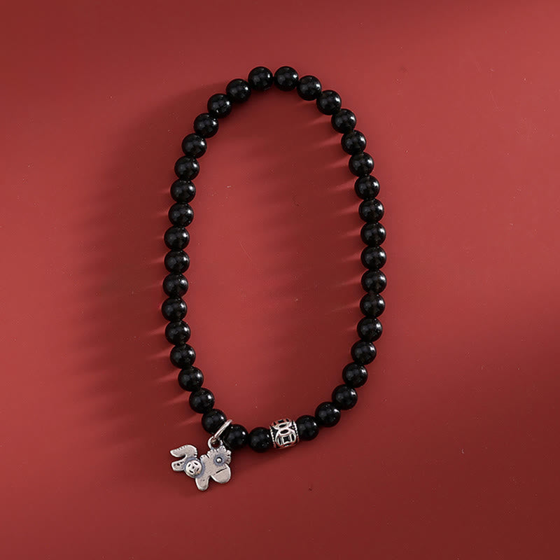 EverestArtstudios Year Of The Horse 925 Sterling Silver Natural Black Obsidian Strength Bracelet