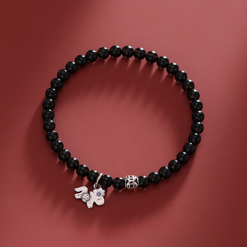 EverestArtstudios Year Of The Horse 925 Sterling Silver Natural Black Obsidian Strength Bracelet