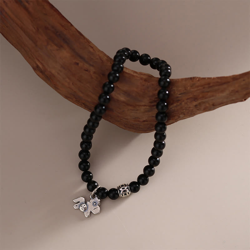 EverestArtstudios Year Of The Horse 925 Sterling Silver Natural Black Obsidian Strength Bracelet