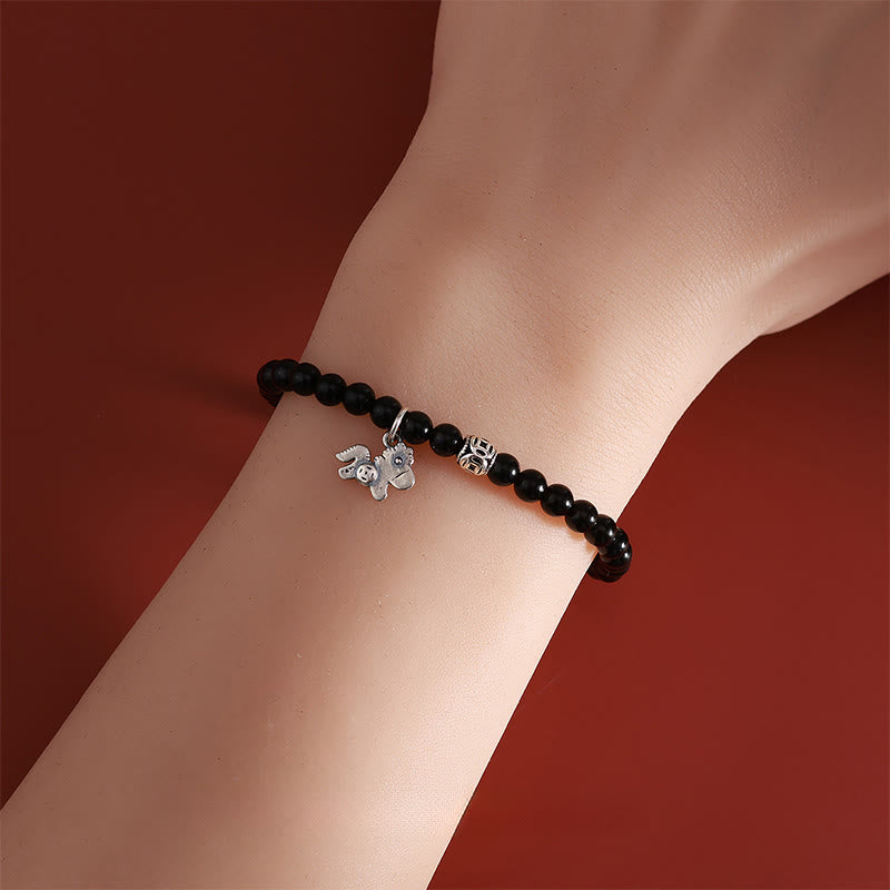 EverestArtstudios Year Of The Horse 925 Sterling Silver Natural Black Obsidian Strength Bracelet