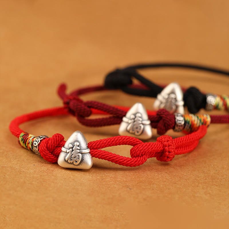 EverestArtStudios 999 Fine Silver Fu Symbol Zongzi Prosperity Fortune Cord Bracelet