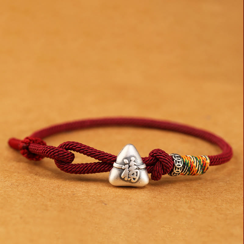 EverestArtStudios 999 Fine Silver Fu Symbol Zongzi Prosperity Fortune Cord Bracelet