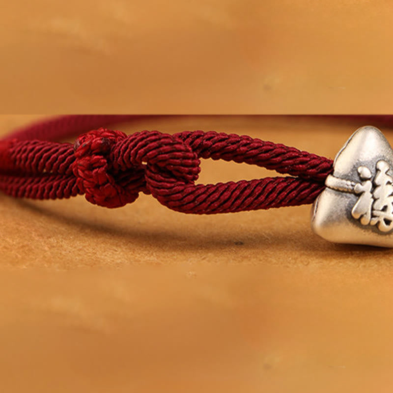 EverestArtStudios 999 Fine Silver Fu Symbol Zongzi Prosperity Fortune Cord Bracelet