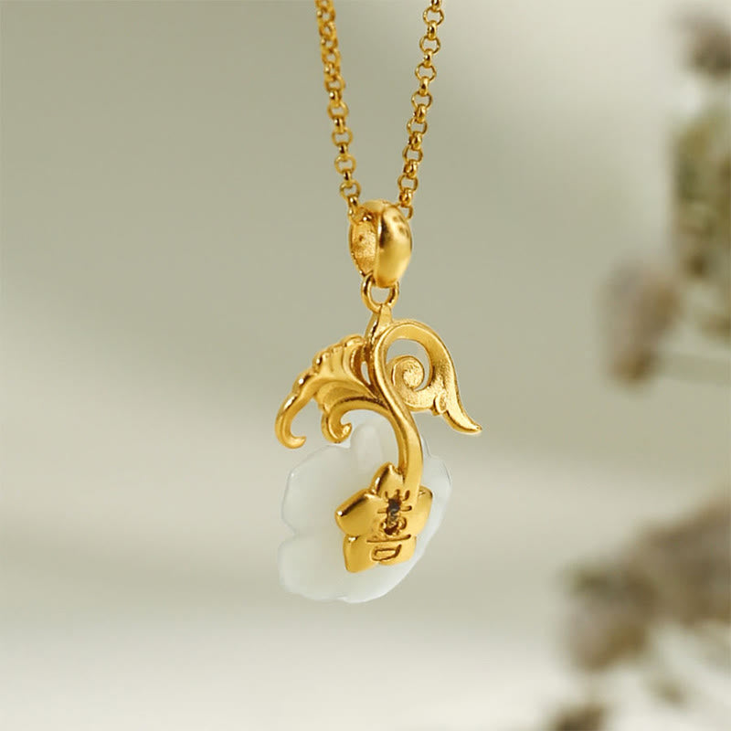 EverestArtstudios Hetian Jade Flower 925 Sterling Silver Luck Necklace Pendant