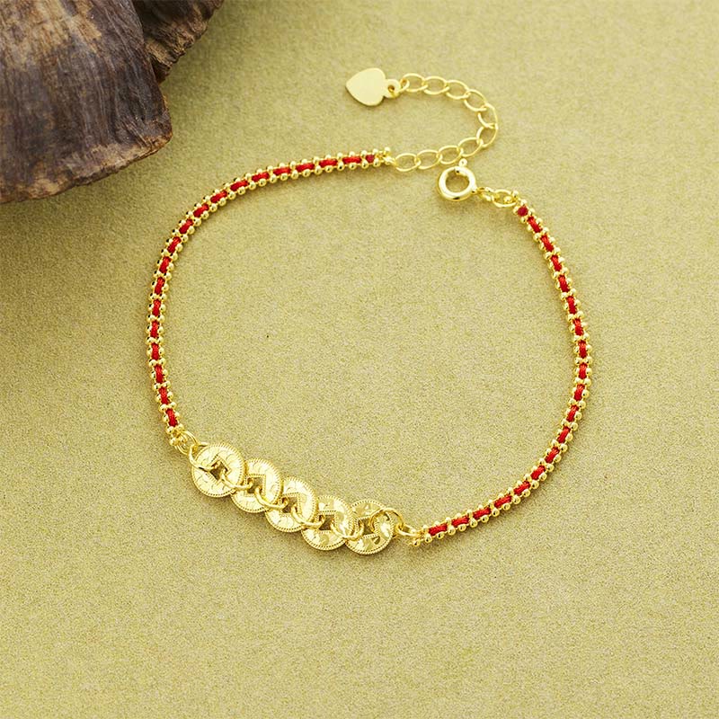 EverestArtStudios 925 Sterling Silver Five-Emperor Coins Red String Balance Bracelet