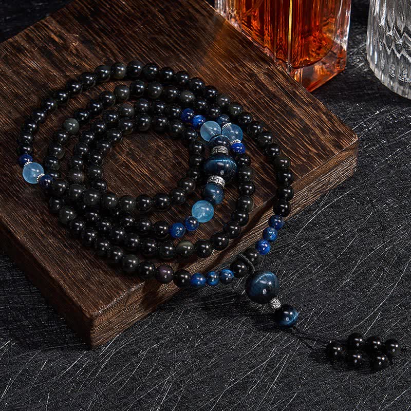 EverestArtstudios Black Obsidian Protection Handcrafted Round Tassel 108 Bead Mala