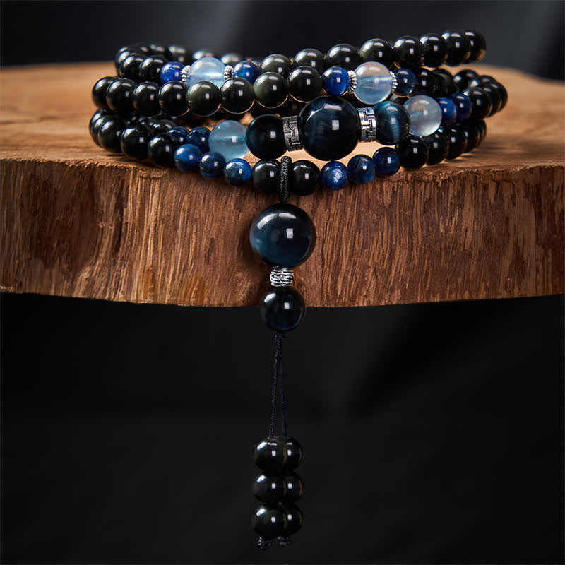 EverestArtstudios Black Obsidian Protection Handcrafted Round Tassel 108 Bead Mala