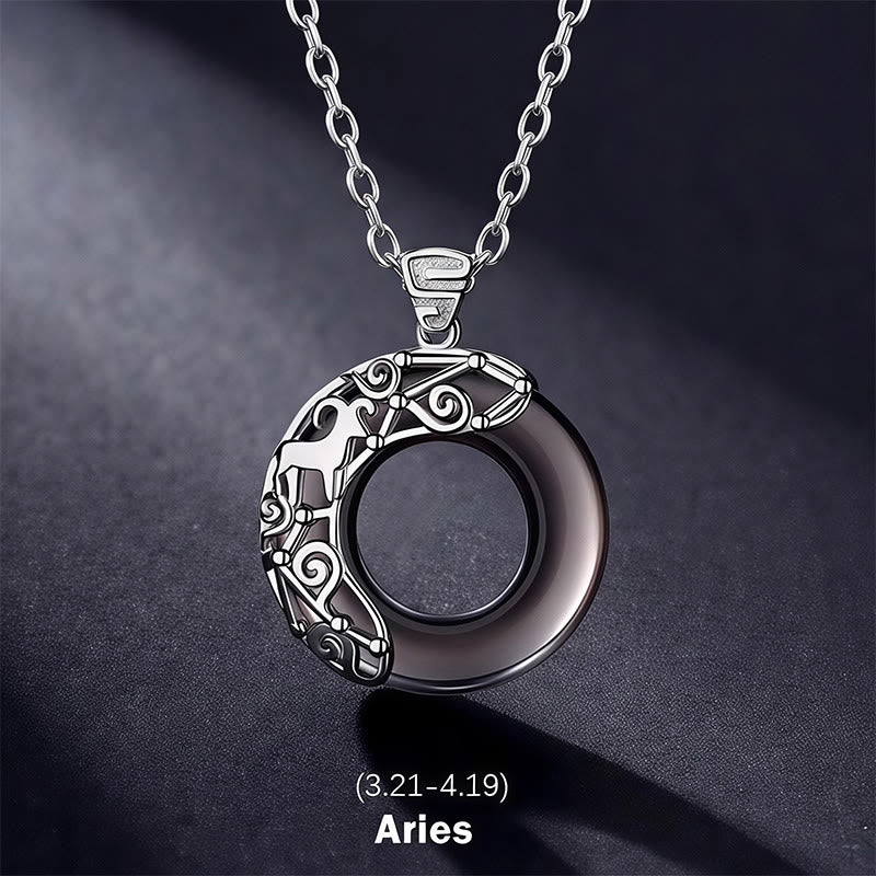 EverestArtstudios 12 Constellations of the Zodiac Ice Obsidian Blessing Round Pendant Necklace