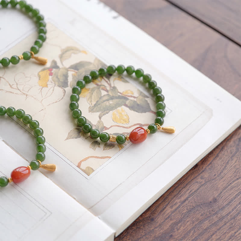 EverestArtstudios Spinach Green Hetian Jade Red Agate Luck Bracelet