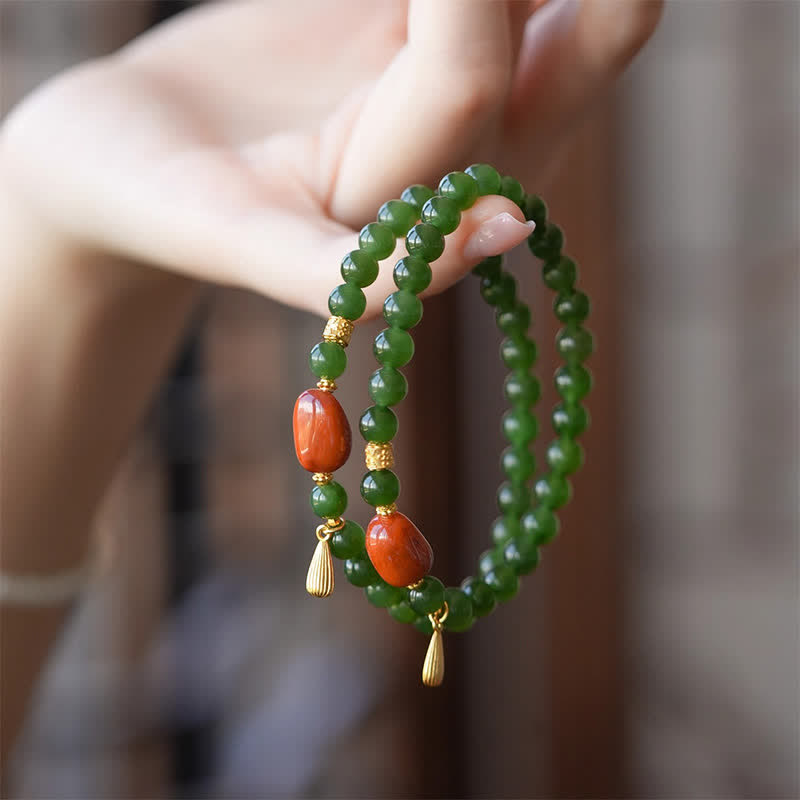 EverestArtstudios Spinach Green Hetian Jade Red Agate Luck Bracelet