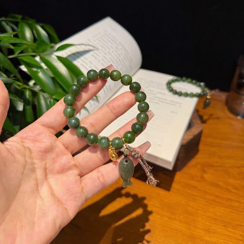EverestArtstudios Natural Cyan Jade Koi Fish Gourd Prosperity Bracelet