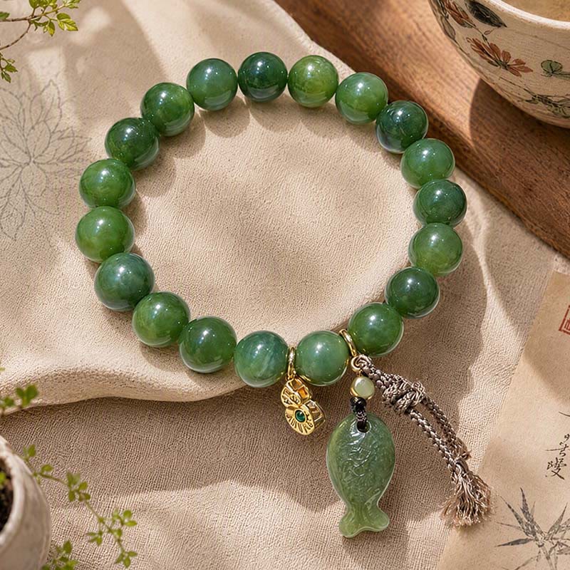 EverestArtstudios Natural Cyan Jade Koi Fish Gourd Prosperity Bracelet