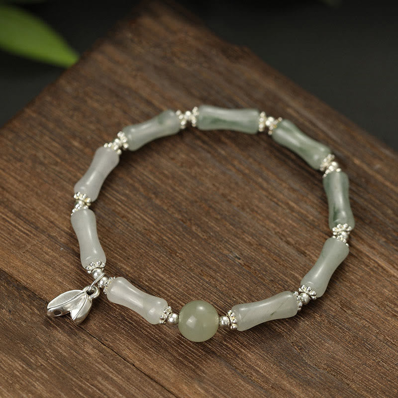 EverestArtstudios 925 Sterling Silver Natural Tianshan Jade Bamboo Charm Luck Bracelet