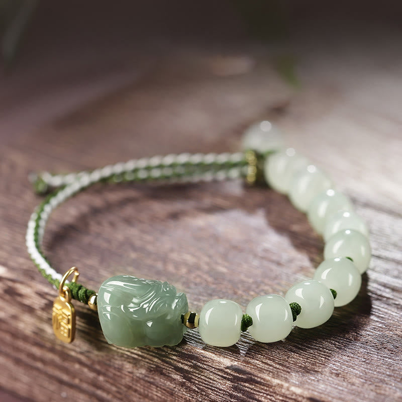 EverestArtstudios Natural Hetian Jade PiXiu Luck Fu Character String Bracelet